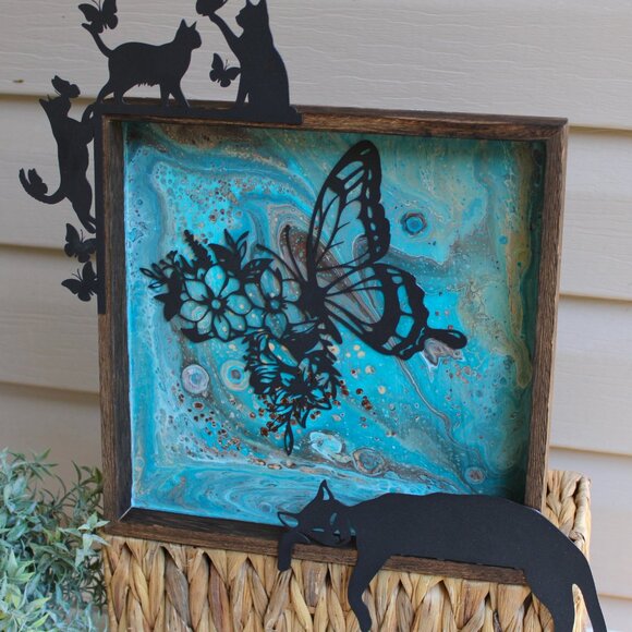 Decorative Wall Art with Cats and Butterfly Acrylic Paint Pour Decorative 10.5" - Picture 4 of 5